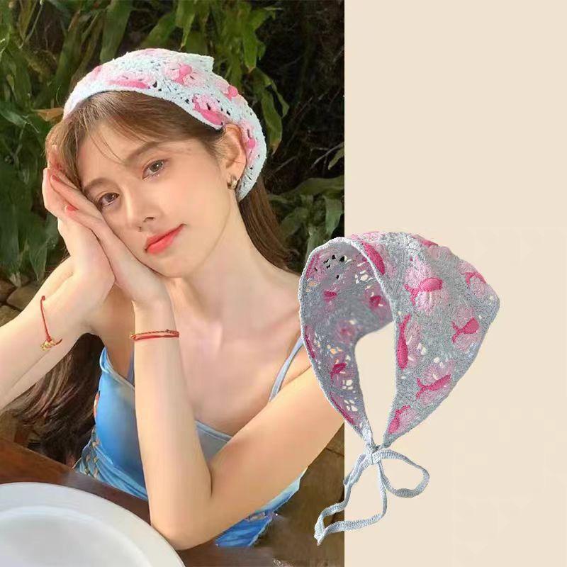 Französischer gestrickter Dreieckschal-Stirnband für Frauen, hohle Blume, koreanisches Haarband, Turban, Bandana, Headwarp, Haarschmuck