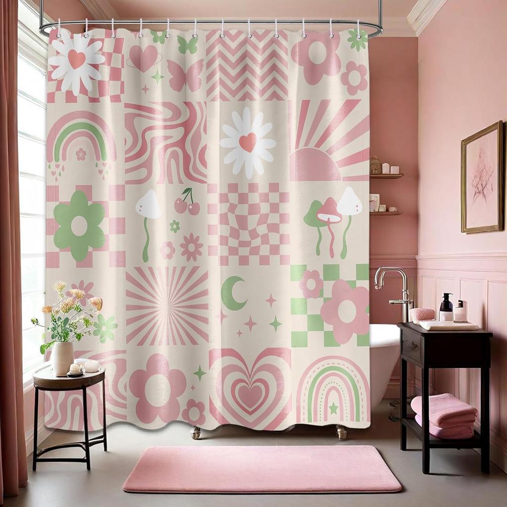Retro Shower Curtain Cute Pink Y2k Groovy Girls Floral Bathroom Decor, Waterproof Cloth Fabric with Hooks