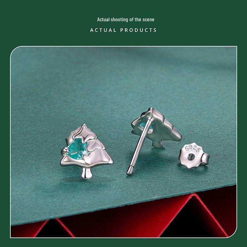 Everle Christmas Tree Stud Earrings, S925 Sterling Silver, Rhodium Plated Holiday Jewelry