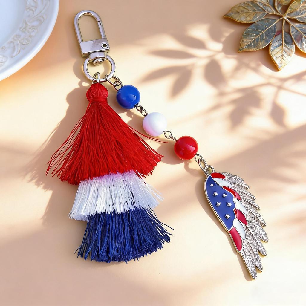 Independence Day Heart & Star Alloy Tassel Keychain Pendant