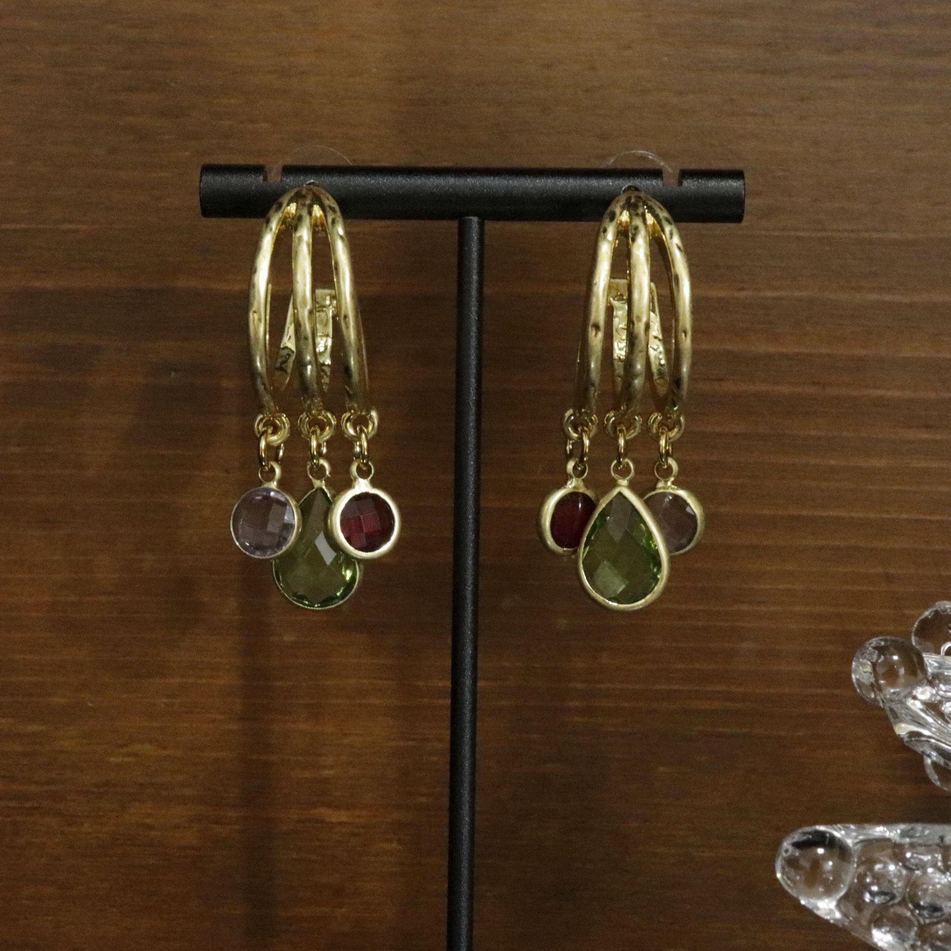 Stylish Retro C-Shaped Earrings with Colorful Gemstones and 925 Sterling Silver Needle.