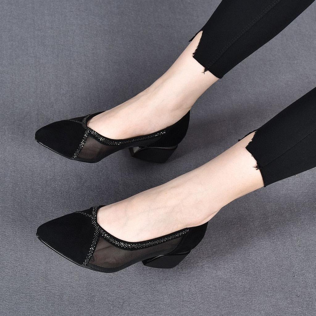 Spring and Autumn New Mesh Single Shoes Black Sheepskin Rhinestone Women's Shoes Pointed Flat-soled Stiletto Shoes