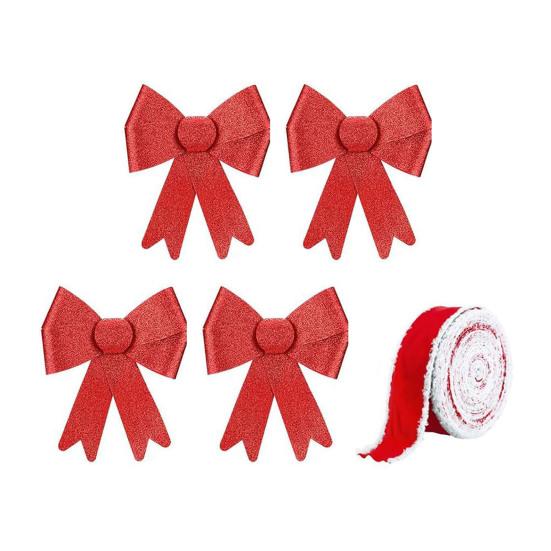 

Glitter Christmas Cabinet Bow with Velvet Ribbon Large Xmas Bow Door Decoration for Christmas 4pcs красный