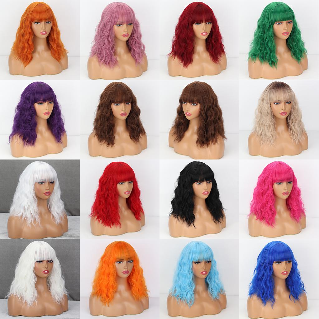 LISI HAIR Rose Red Short Wavy Wig with Bangs Synthetic Fiber Shoulder Length Fashion Cosplay Daily Wear Natural Wavy Wig