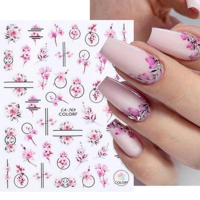 3D Nail Stickers Flowers Pink Purple Blossom Florals Leaves Decals Nail Art Adhesive Sliders Charms Manicure Decorations TRCA769