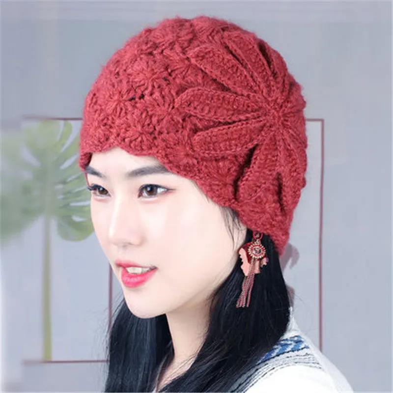 

Женские вязаные шапки ручной работы, модные универсальные шерстяные шапки с вышивкой, зимние толстые теплые плюшевые шапки красный