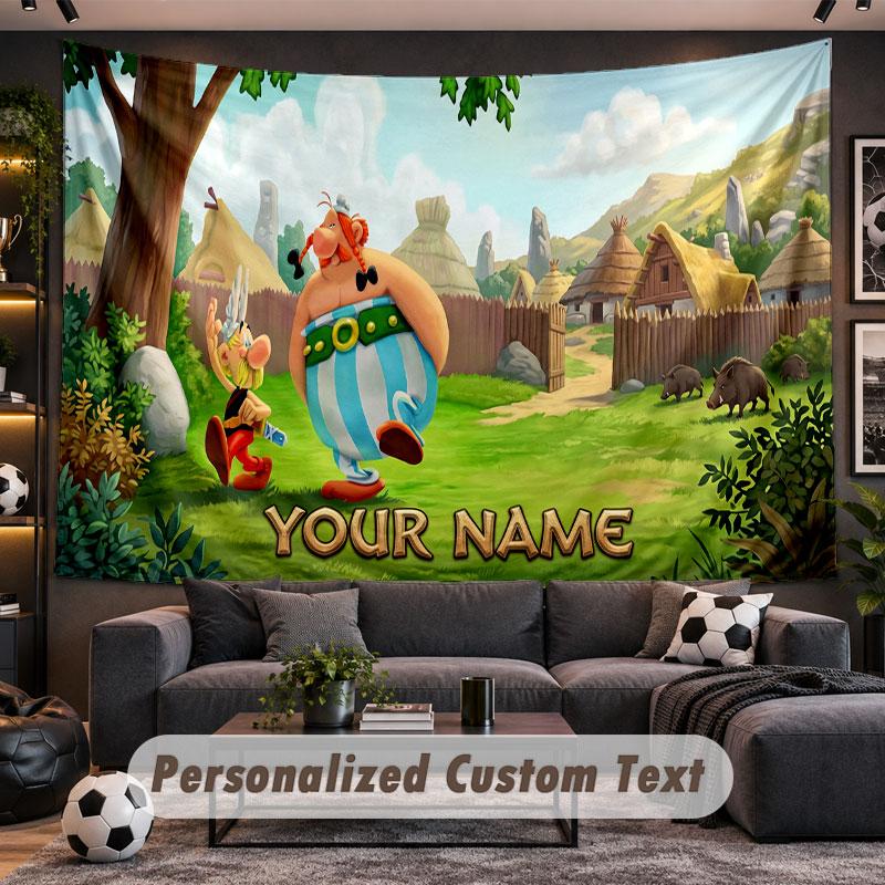 Wall Hanging Tapestry Custom NameAsterix & Obelix Pattern Personalized Printed Fabric Wall Decor