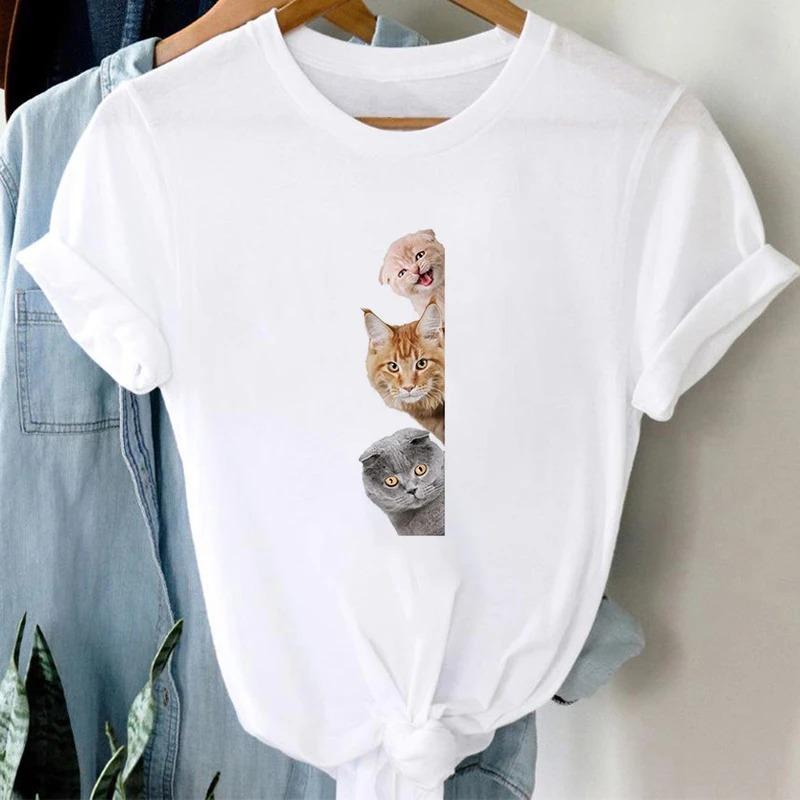 Harajuku Women's Short Sleeve T Shirt Casual White Tops Female Clothing T-shirt Cat Print Ladies Gothic Tshirts