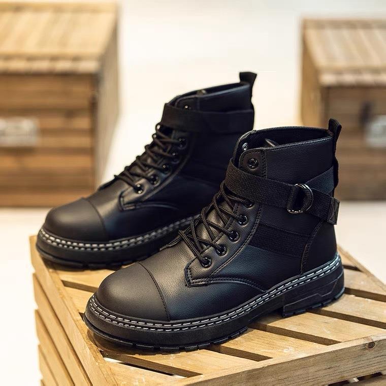 2025 new autumn and winter velvet Martin boots men's platform casual high-top men's shoes tooling boots black leather boots