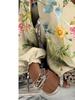 Retro western-style printed lantern sleeves, V-neck women's long-sleeved shirt, comfortable and skin-friendly