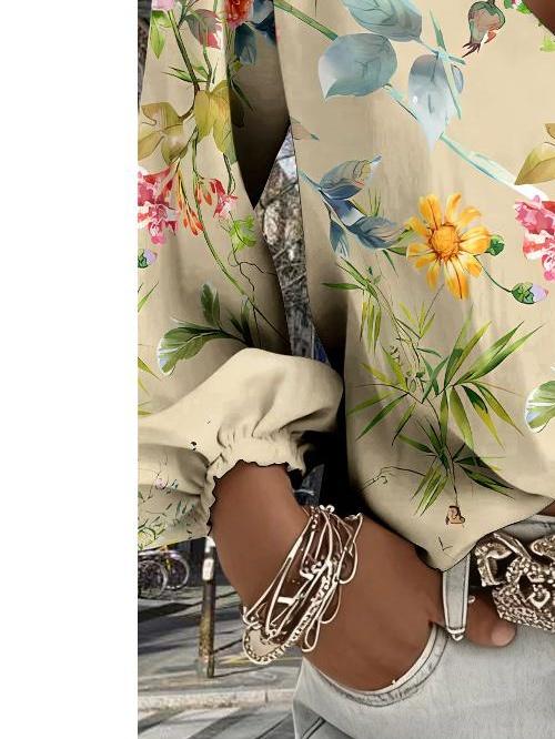 Retro western-style printed lantern sleeves, V-neck women's long-sleeved shirt, comfortable and skin-friendly