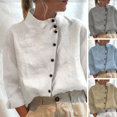 Women Vintage Top Blouse Solid Long Sleeves Button Decor Loose Soft Breathable Commute Summer Casual Stand Collar Oversized Blouse