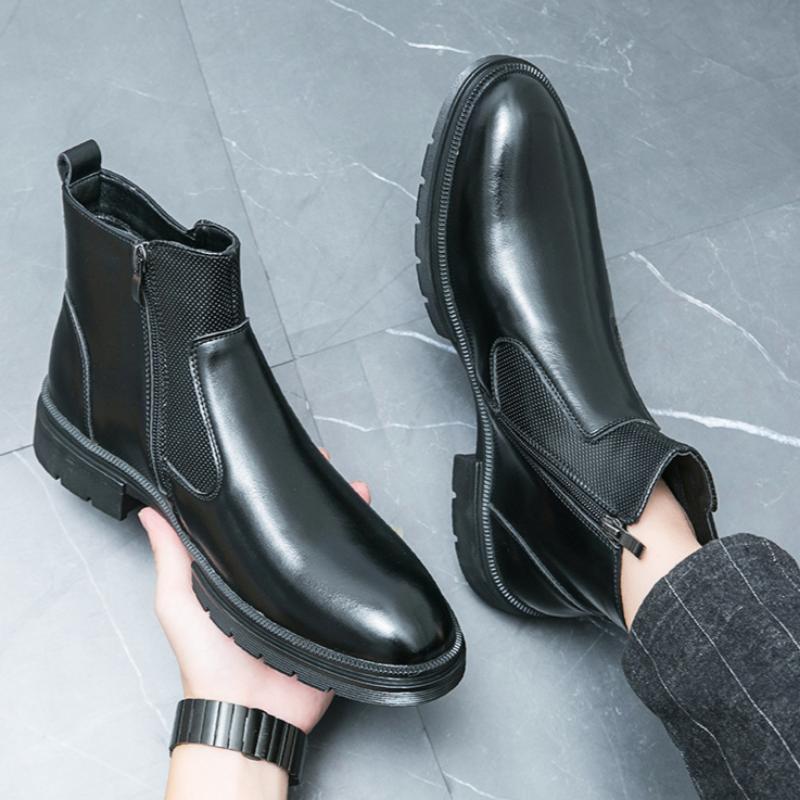 British Style Round Toe Leather Boots Men's Fashion Casual High Top Boots Buckle Slip-on Thick-soled Boots