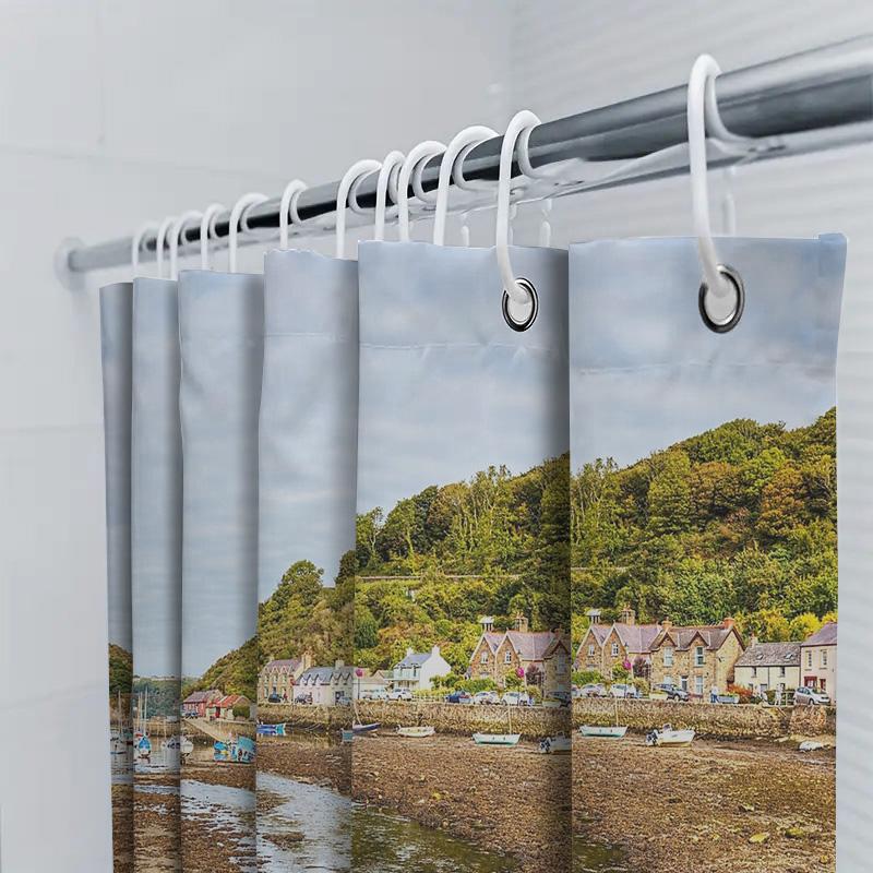 Coastal Village Shower Curtain Seaside Beach Ocean View Bathroom Decor Nautical Home Decor Beach House Vibes Ocean Theme Waterpr