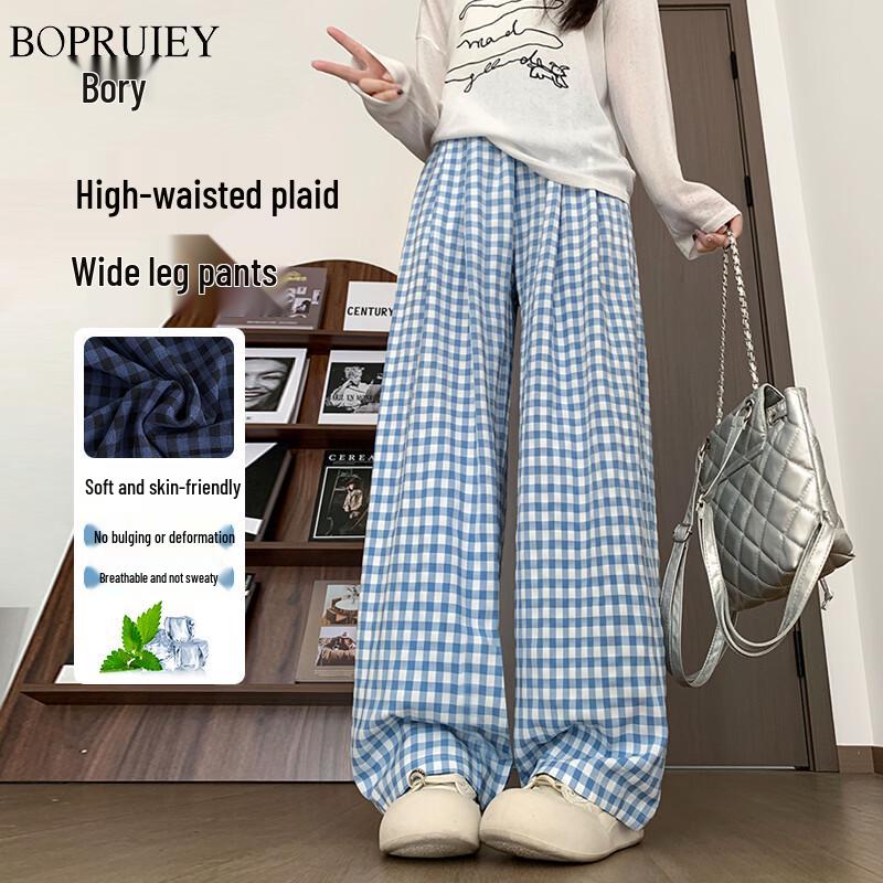 Women s Plaid Wide-Leg Casual Pants XL синий