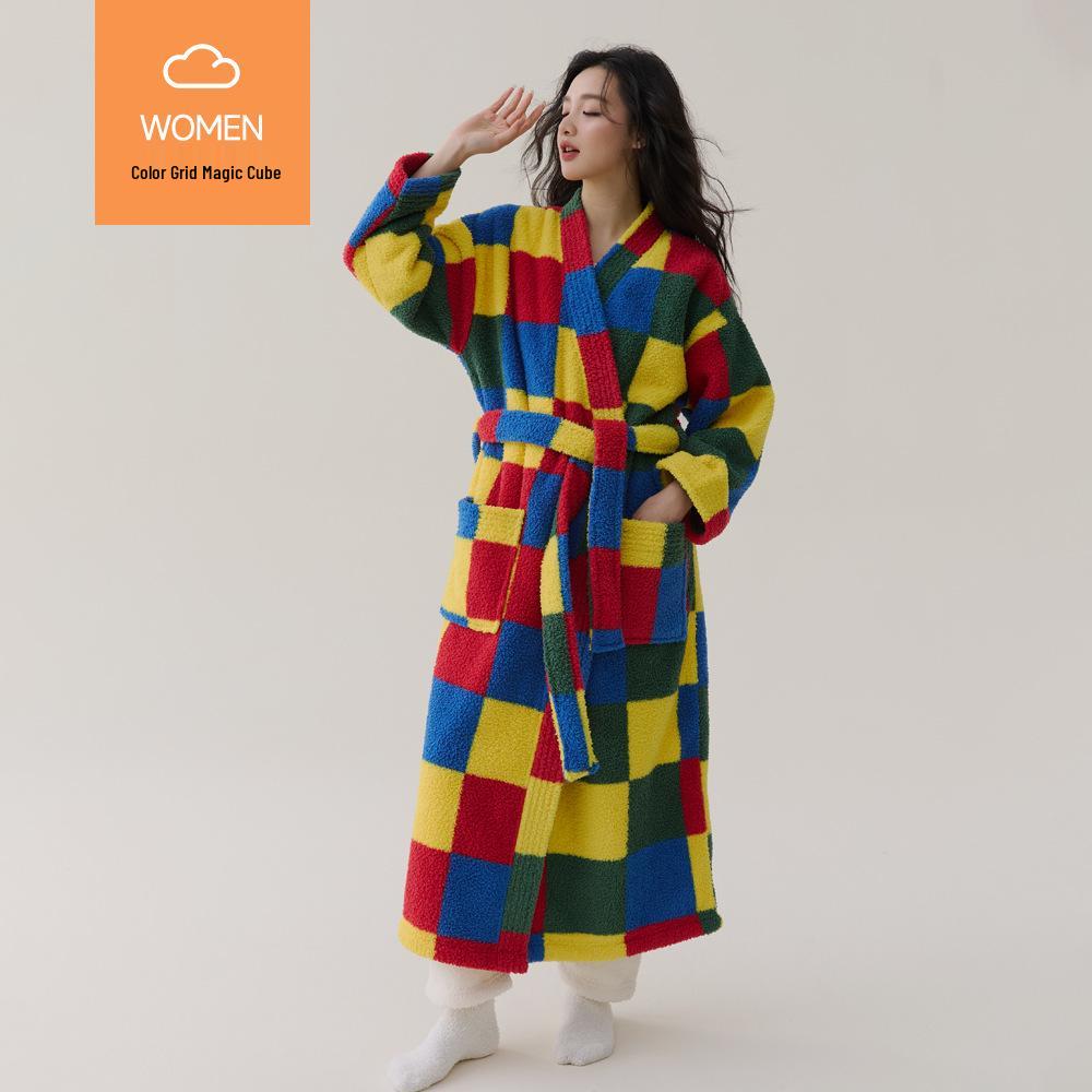 

Женский толстый коралловый флисовый клетчатый зимний халат - Очень длинный, теплый, антистатический пижамный комплект Medium