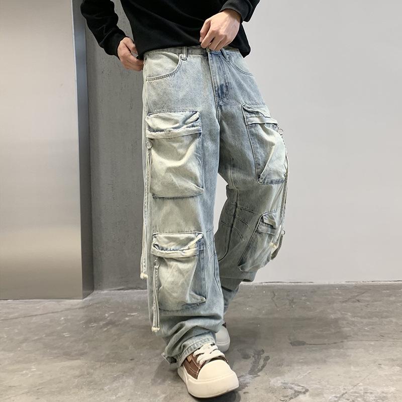 Mehrere Taschen Denim locker Street Herren und Damen Gerade Hosen Neu Echte Aufnahme Amerikanische High Street Workwear Denim Hosen