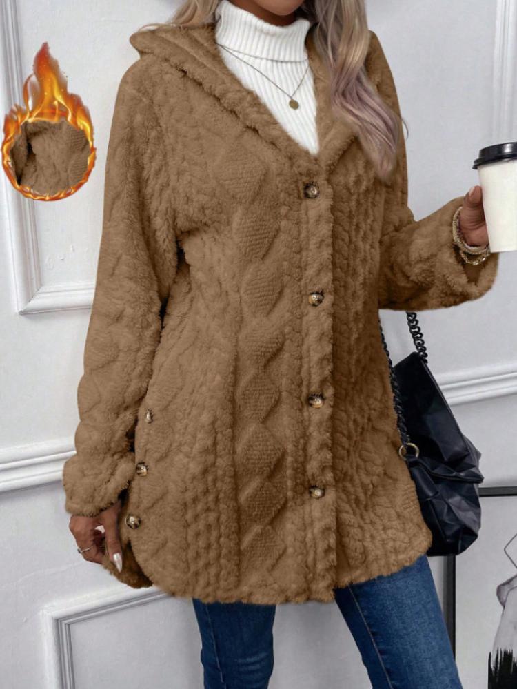 Varm vinterkardigan for kvinner med hette og diamantmønster - Lang modell med løs passform, åpen front, lange ermer og sideslisser i falden, avslappet yttertøy