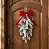 Ghirlanda di Pigne Realistica Ghirlanda a Goccia di Natale Infeltrita per Porta d'Ingresso, Artificiale con Bacche Rosse Riutilizzabili, Fiocco di Velluto, Nevosa