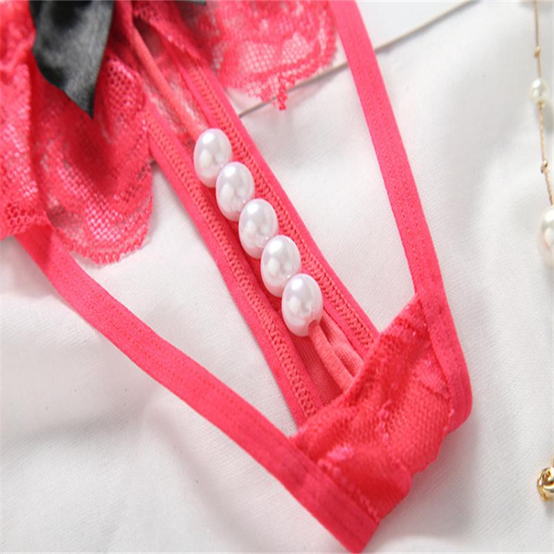 Sexy Women Open Crotch Thongs Lace Panties G-string Pearl Decor Underwear