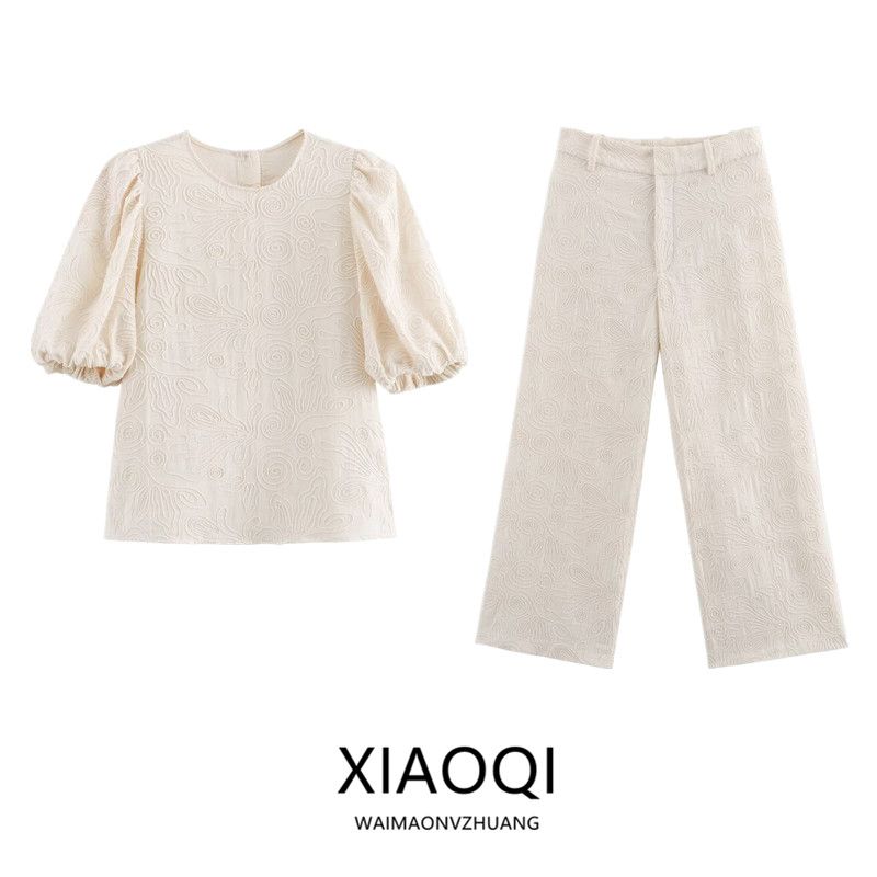 Fashion Style 2024 Summer New Arrival Women's round Neck All-Matching Slimming Embroidered Shirt Mid Waist Wide Leg Pants 4437245