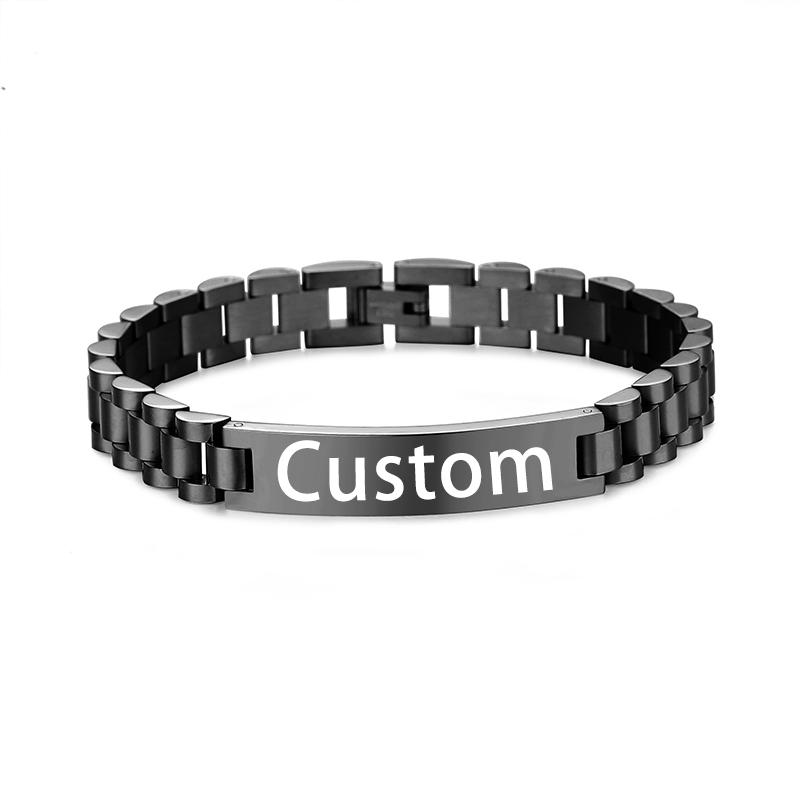 Stainless Steel Custom Engraving Name Logo  Watch Band Chain Wristband ID Bracelets for Men