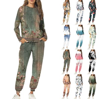 Kadınlar İçin Setler 2 Parça Yuvarlak Yaka Uzun Kollu Tişörtler Baskılı Eşofman Altı Cepli Setler