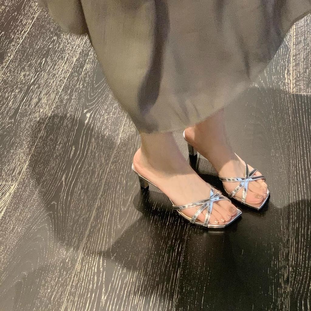 Sheepskin version~ Beautiful temperament square head cross with mirror open-toed high-heeled sandals women's half slippers