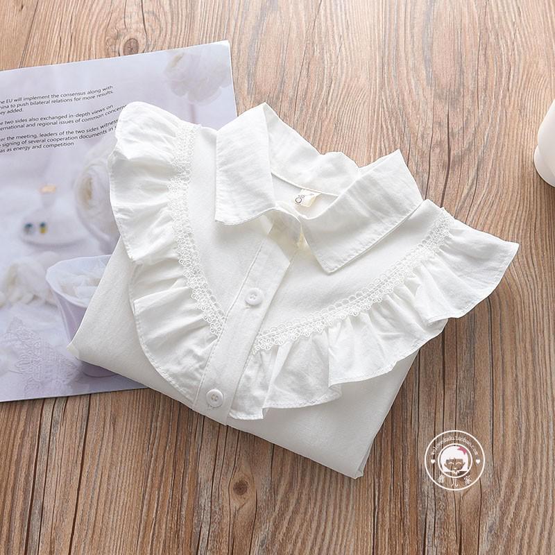 Dívčí top babydoll s volánkovými rukávy a krajkovou lemovkou - Jaro 2023 Korejský styl