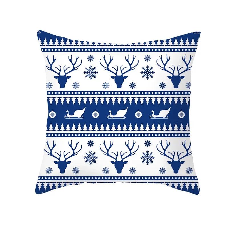 Blue Christmas Elk Snowflake Throw Pillow Cover With Short Plush Print Living Room Sofa Decoration Cushion Cover Pillow Covers