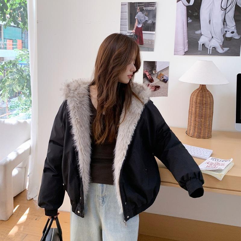 Hip-hop wind fur collar jacket women's winter small man thickened hooded cotton-padded coat design sense short cotton-padded clothes