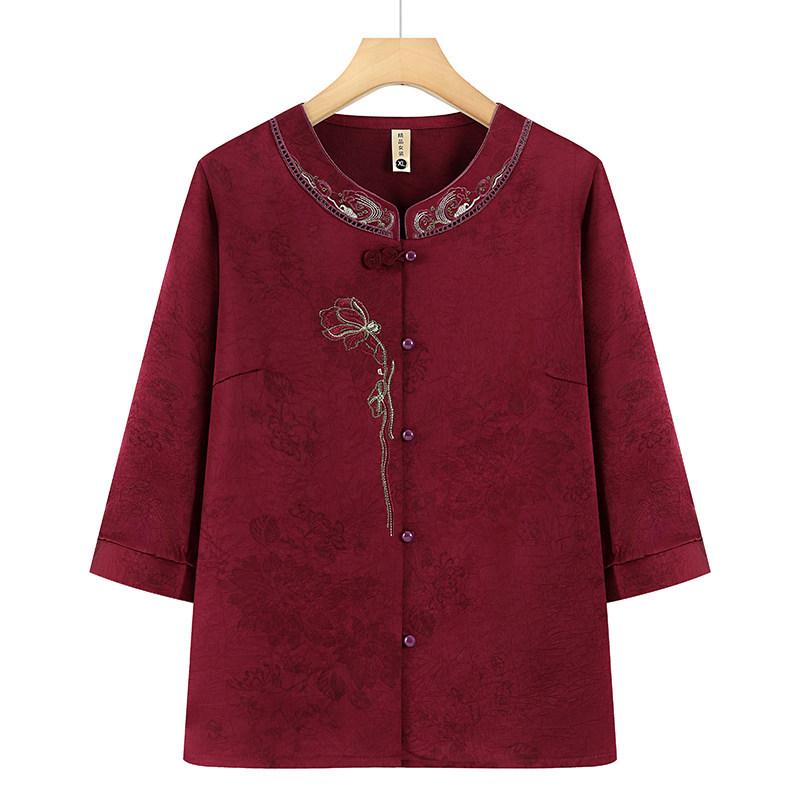 

Elegant Embroidered Seven-Sleeve Shirt for Middle-Aged Women - Spring/Summer Style 2XL - Suggest 105-120 lbs вино красного