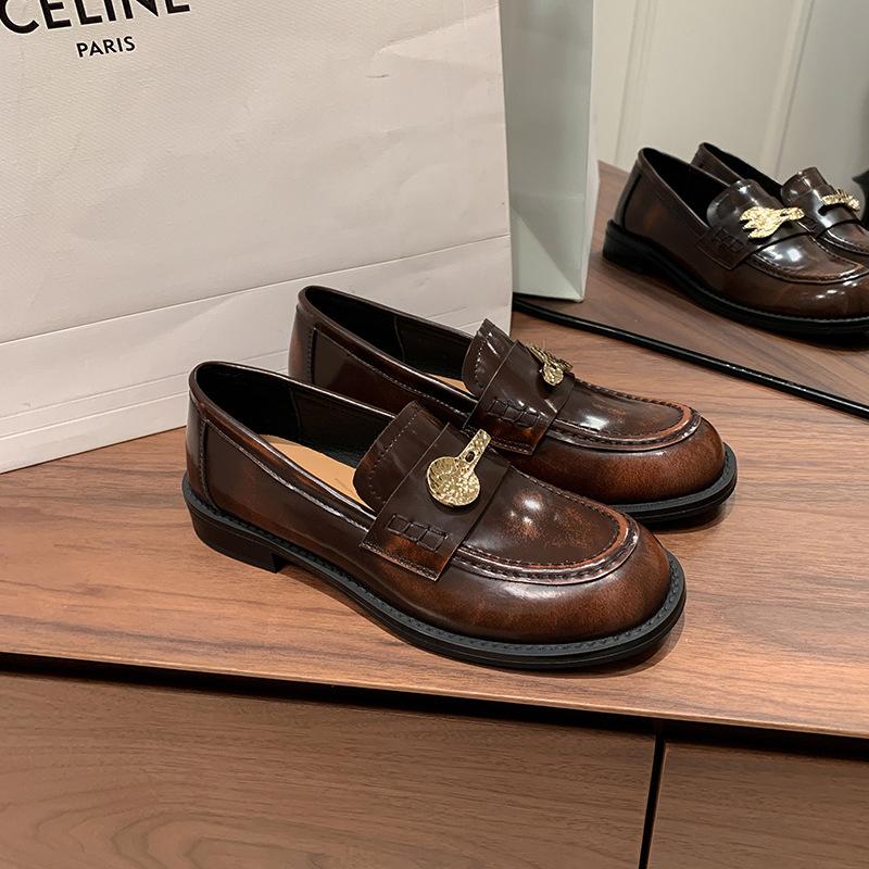 The Finishing Touch~ Knife and Fork Loafers, Genuine Leather One-pedal Lazy Brown Small Leather Shoes, Mandarin Duck Maillard Single Shoes