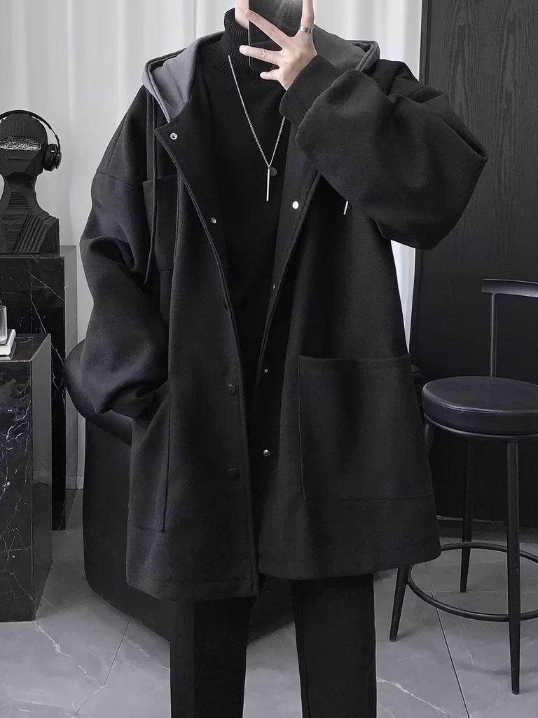 Men's British Style Hooded Wool Trench Coat, Mid-Length, Thick Cotton, Over-the-Knee Winter Jacket
