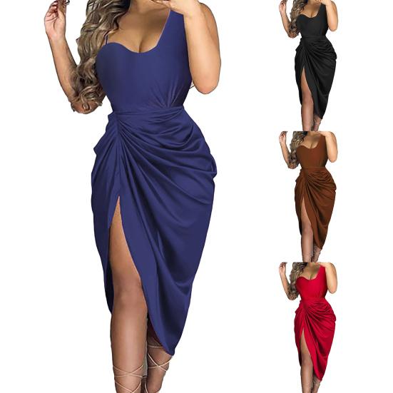 Lady Petticoats Plus Size Spaghetti Strap Draped High Cut Bodycon Dress One Shoulder Side Split Satin Midi Dress Female Clothing