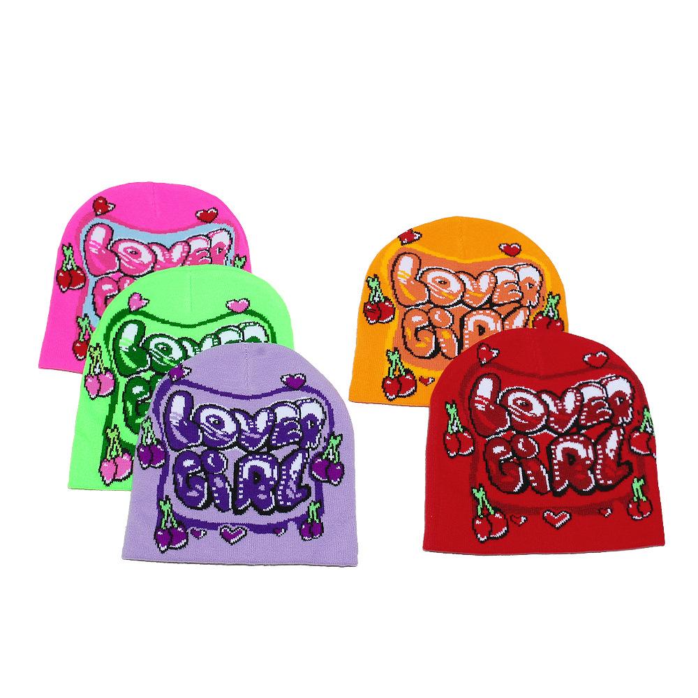 2025 Autumn and Winter New Wool Hat Trendy Fashion Letters Cherry Love Warm Ear Hat Knitted Hat Women