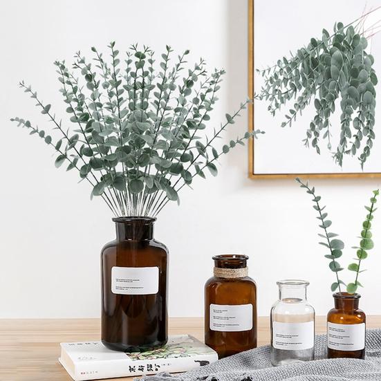 24Pcs Artificial Leaves Realistic Care Easy Simulated Plastic 38cm Eucalyptus Green Plant Branch