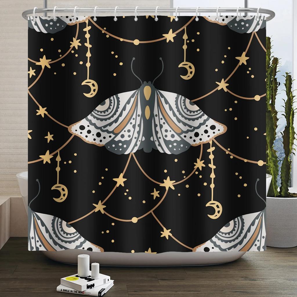 Moth Shower Curtain Moon Phase Butterfly Mushroom Psychedelic Tarot Gothic Shower Curtain for Bathroom Waterproof Bath Curtain