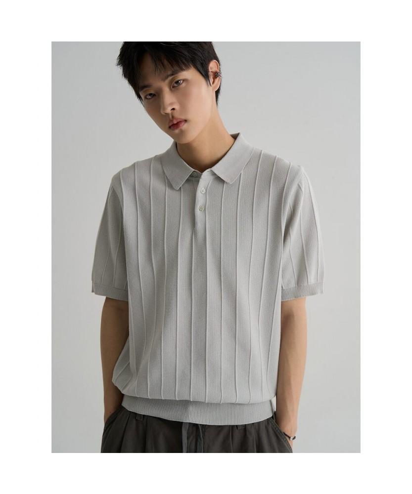 8SECONDS Texture-Modified Cool Touch Collar Neck Short Sleeve Knit Light Gray