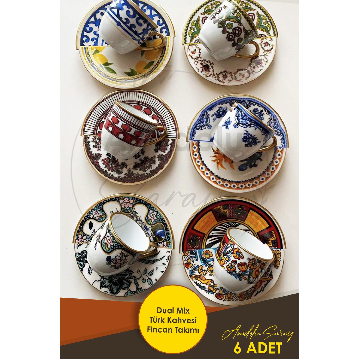 

Набор из 6 чашек для турецкого кофе с двойным узором и двойным миксом | Фарфоровый набор чашек для турецкого кофе