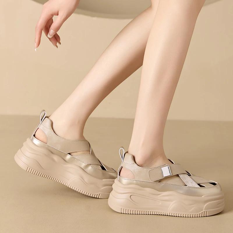 7cm Flat Women Slippers Pumps Platform Wedge Hook Cow Weave Genuine Synthetic Leather Sandals  Summer Hollow Fashion Shoe