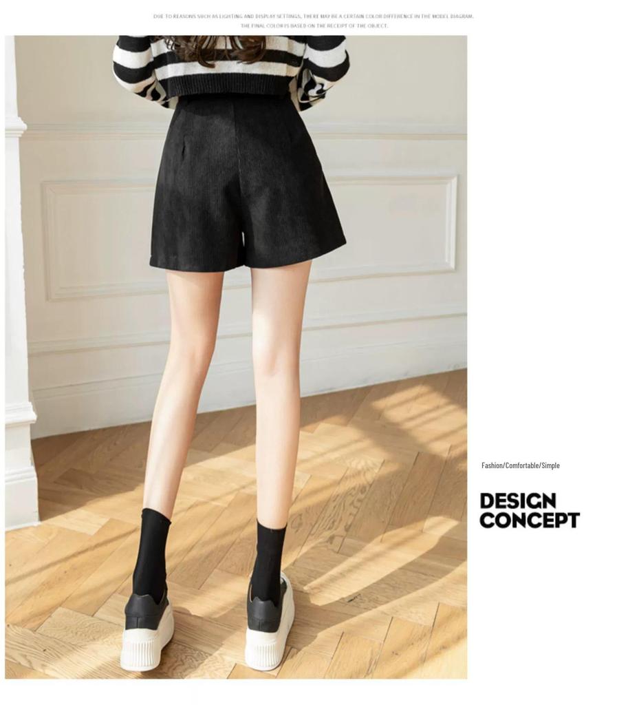 Women's High Waist Corduroy A-line Pleated Culottes Winter Shorts 2024
