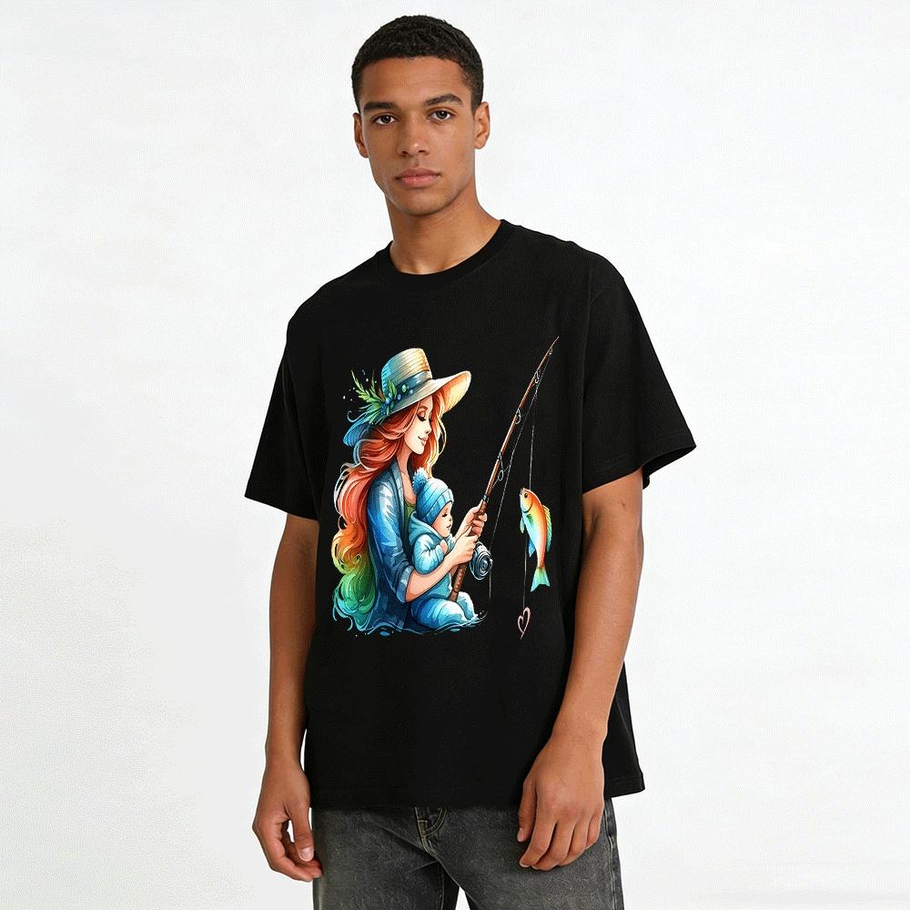 Warm Parent-child Fishing Time Printed Casual Top Pure cotton T-shirt