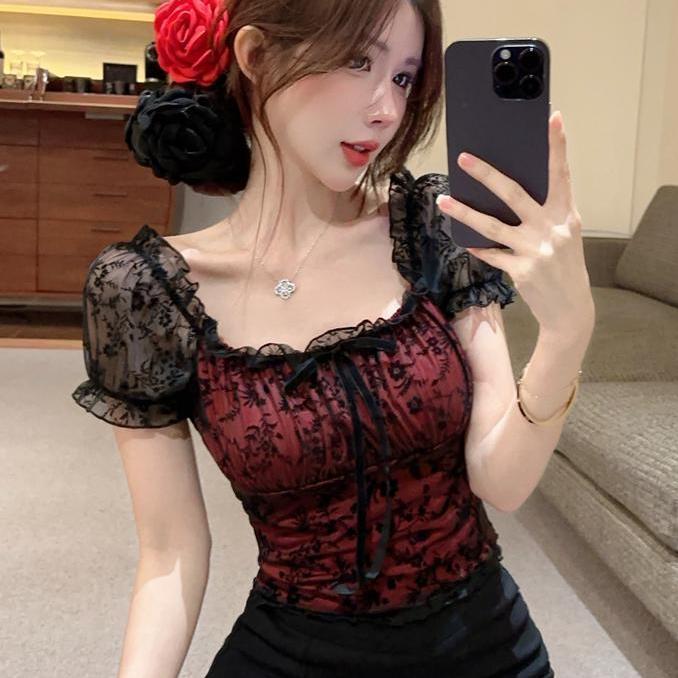 French Bubble Sleeve Square Neck Lace Shirt for Women's Summer One Shoulder Mesh Small Top Unique and Beautiful