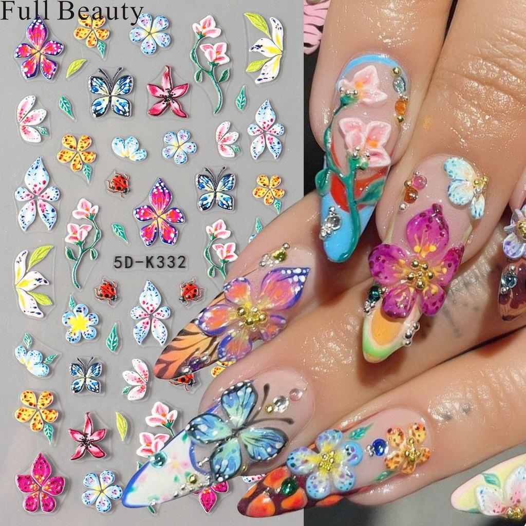 5D embosované samolepky na nehty Bílé květinové obtisky na nehty Gravírování květinových tipů na nehty