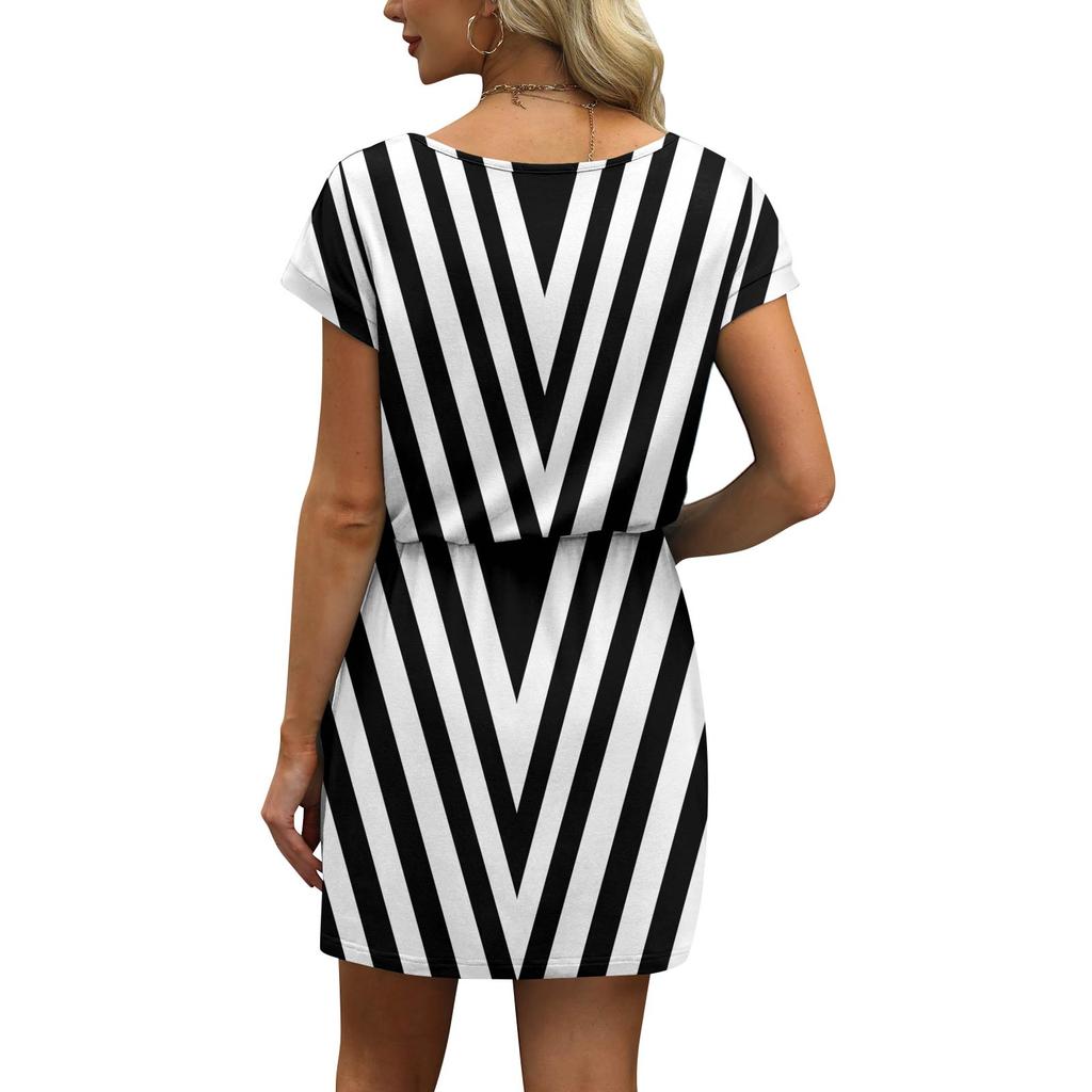 Women's Fashion V-Neck Short Sleeve Drawstring With Pocket Printed Casual Dresses