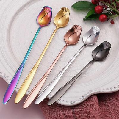 Long Handle Coffee Spoon Stainless Steel Rose Stirring Spoon Unusual Flower Scoop Tiny Teaspoon for Dessert Ice Cream Nice Gift KTY