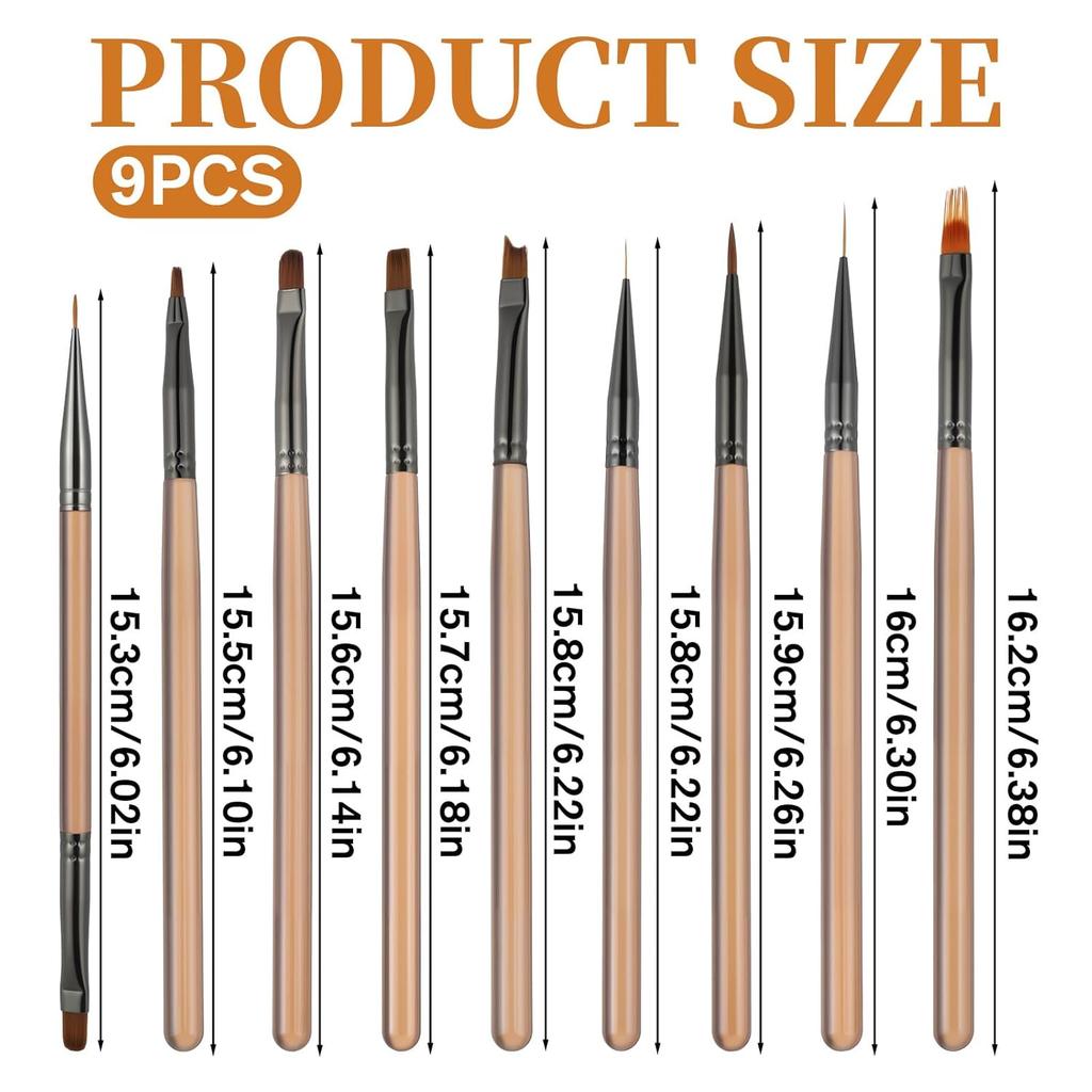 9pcs Nail Art Brush Professional Nail Design Brushes for Gel Polish Clean Up Brushes Nails Art Liner Brush Striping for Short Strokes, Details,
