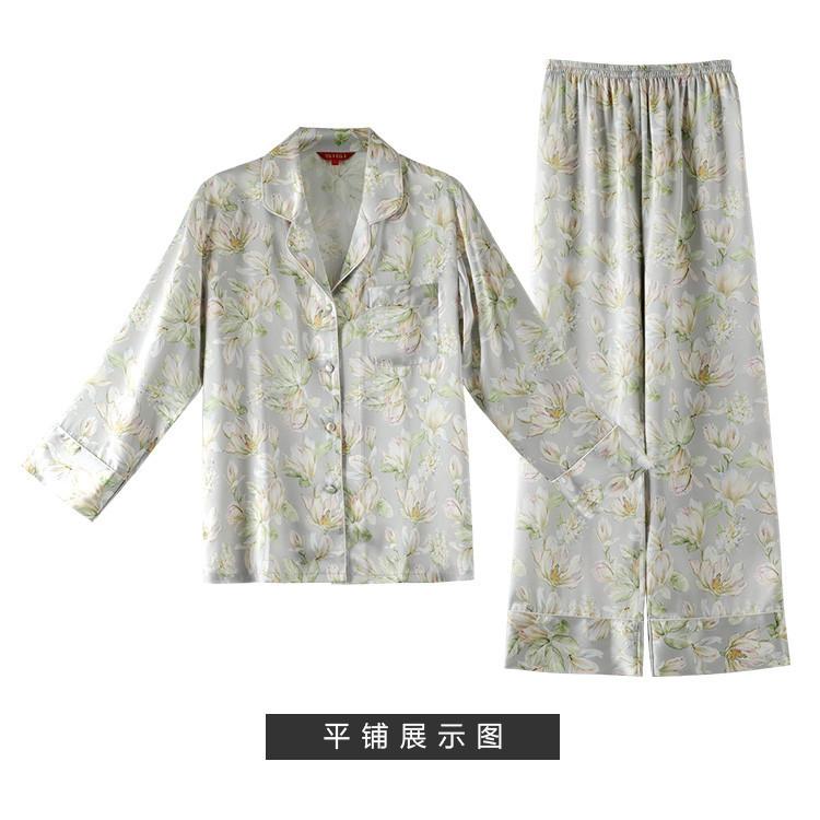 19mm 100% mulberry silk printed lapel long sleeved silk sleepwear comfortable home wear for women