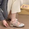 2025 New Silver Bow Square Head Middle Heel Mary Jane Shoes Children One Word with High Heels Thick Heel Single Shoes